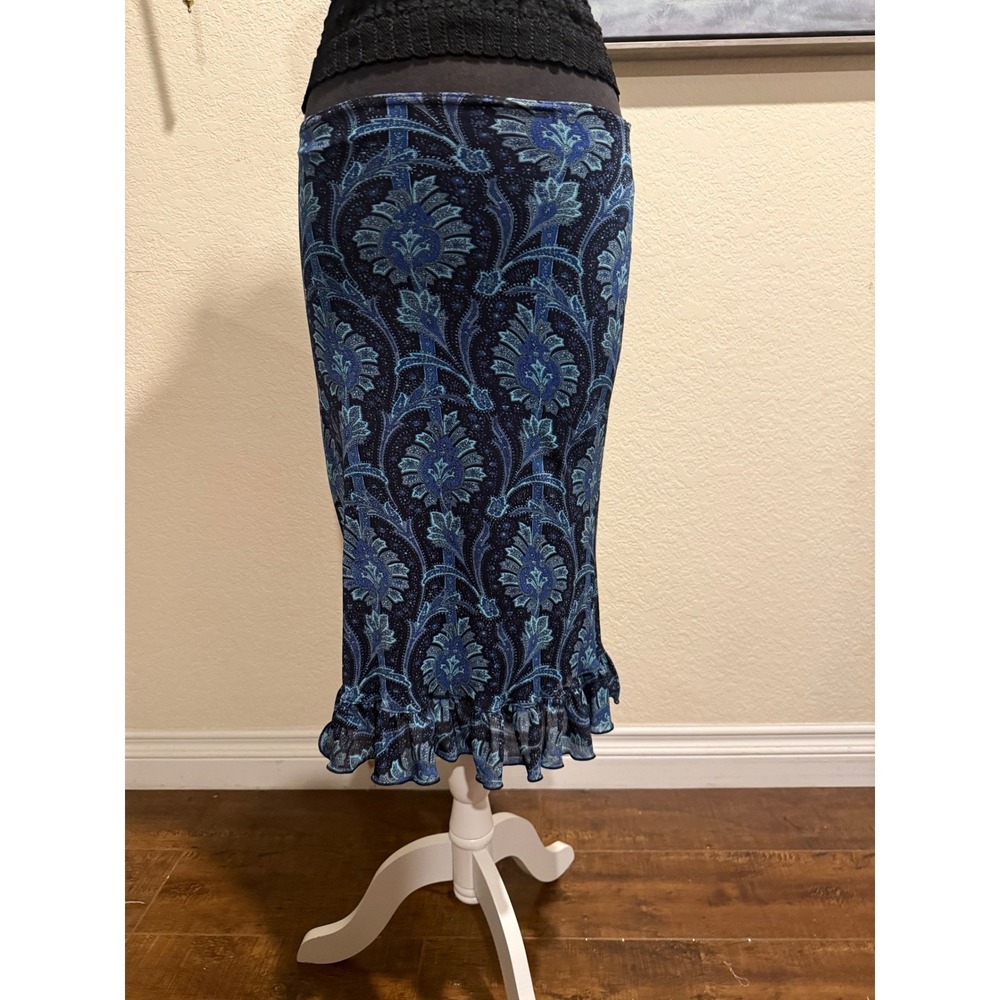 Lip Service Vintage Blue Paisley Floral Ruffle Hem Midi Skirt Y2K 90s Size 12 - Picture 2 of 8
